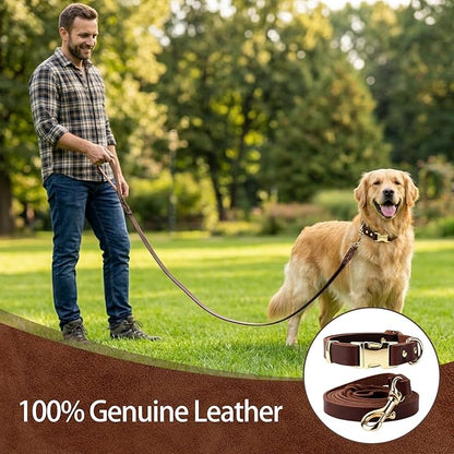 Leather Dog Collar and Leash Set, 6FT Heavy Duty Leather Training Leash with Adjustable Dog Collar, Soft and Durable Dogs Leashes and Collars Set for Small Medium Large Dogs (Brown, XL)