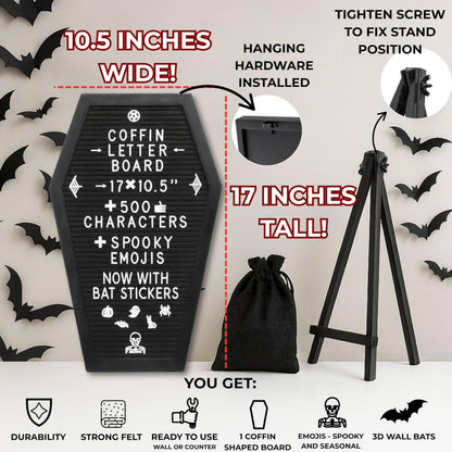 Nomnu Coffin Letter Board Black +3D Bat Stickers +650 Characters, Spooky Seasonal Emojis, Wooden Stand - 17x10.5 Inches - Coffin Shaped Goth Decor Sign Halloween Decorations Gothic Decor Birthday Home Spooky Gifts
