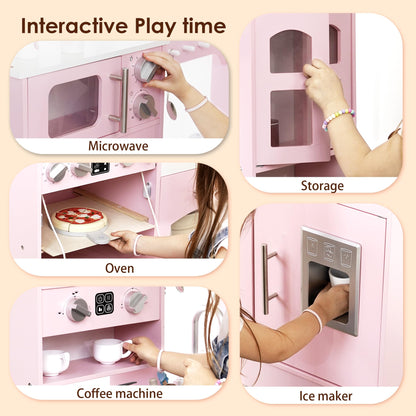 Wooden Play Kitchen for Toddlers and Kids with Lights & Sounds, Large Interactive Pretend Play Set with Ice Maker, Stove, Sink, Oven, 12 Accessories - Ages 3-8