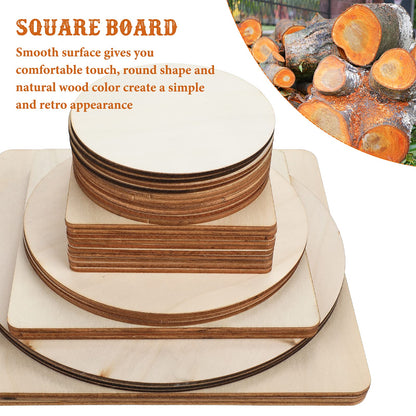 32 Pieces Unfinished Blank Wood Circles Squares for Crafts 3 Sizes Christmas Natural Wood Cutouts Tiles Round DIY Blank Discs for Tree Hanging Decor