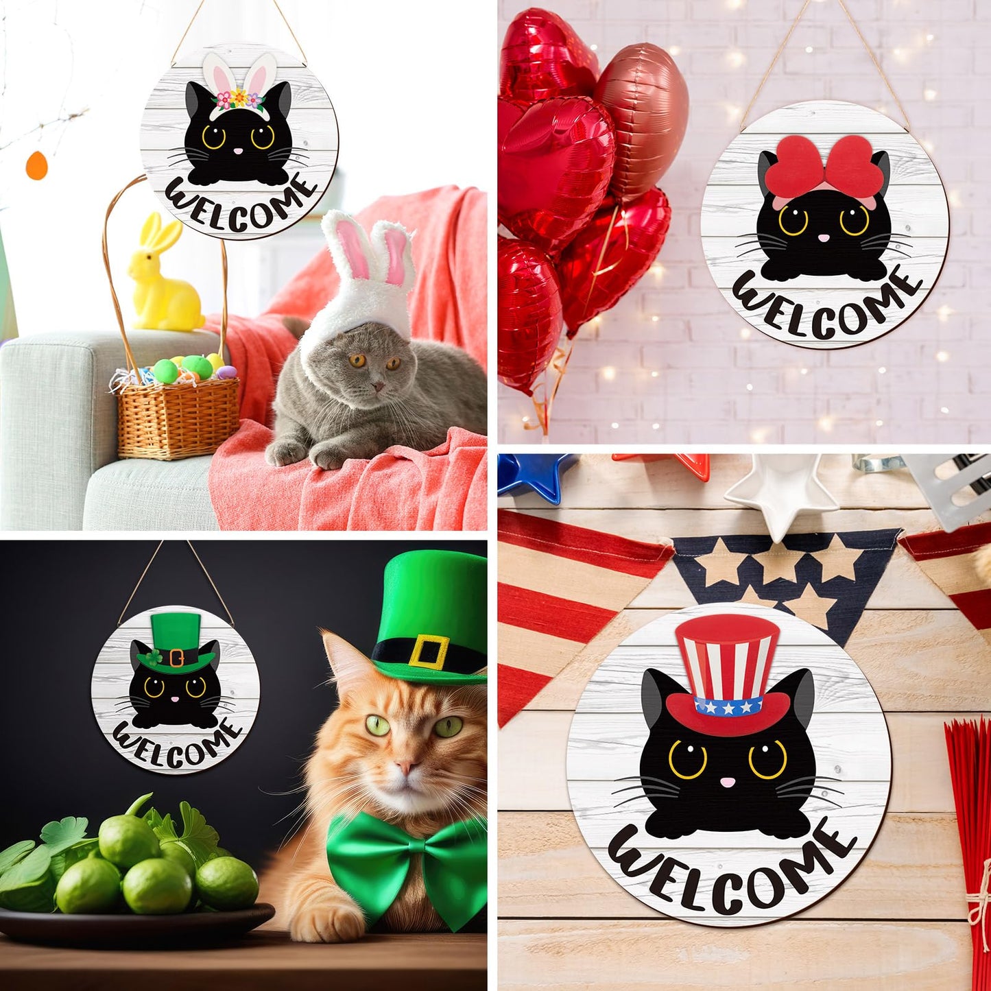 BrightRow 16 Pcs Interchangeable Welcome Sign Set for Front Door, Wooden Black Cat Welcome Sign with 15 Headwear, Farmhouse Decor for Porch, Halloween, Christmas, Housewarming Gift, Cat Lovers