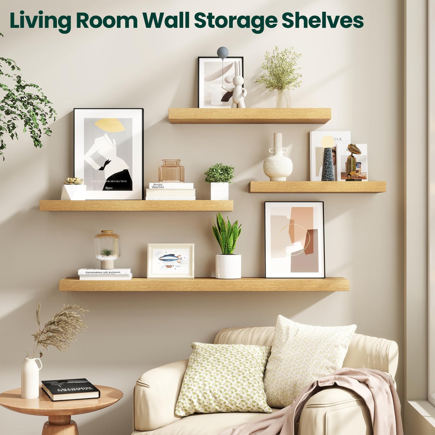KovaScape Floating Shelves for Wall 24 in x 9.3 in Deep, Wall Mounted Rustic Wood Shelf with Invisible Brackets for Storage & Display, Living Room Bedroom Bathroom, Oak, 2 Pack