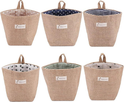 Foraineam 6 Pack Mini Hanging Storage Bag Cotton Linen Decorative Wall-Hanging