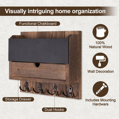 Lucundm Mail and Key Holder Wall Mount with Storage Drawer – Modern Wooden Mail Organizer for Wall Entryway, 7 Key Hooks & Chalkboard Panel – Stylish Home Decor for Apartments, Living Room, Office