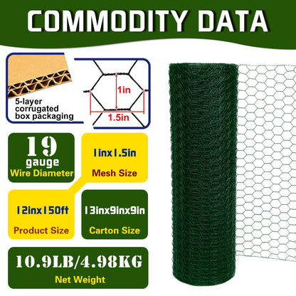 Yardbliss Chicken Wire12inx150ft, Premium Chicken Wire Fencing, Chicken Wire Mesh, Green PVC Coated Metal Wire Fence, Galvanized Poultry Netting Barrier for Floral Arrangements/Craft Projects//Rabbit