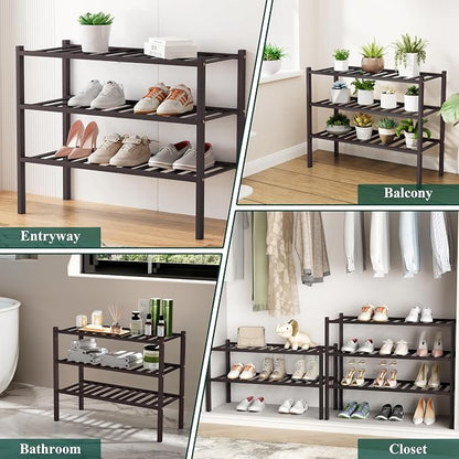 Smiry Long Bamboo Shoe Rack, 2 Tier Free Standing Wooden Shoe Organizer, Stackable Wood Shoe Storage Shelf for Closet, Entryway, 12 Vertical Slats, One-piece Standard Legs, 33.7"x11"x13", Brown