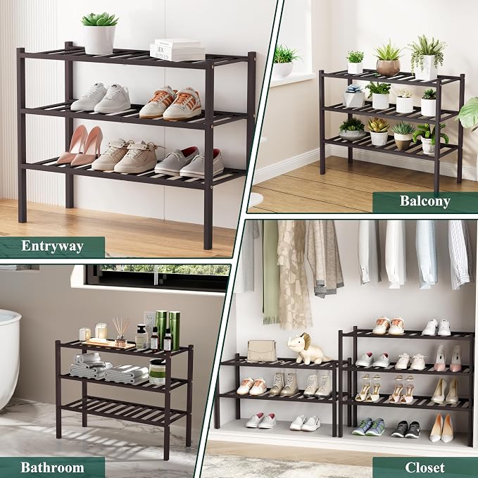 Smiry Long Bamboo Shoe Rack, 3 Tier Free Standing Wooden Shoe Organizer, Stackable Wood Shoe Storage Shelf for Closet, Entryway, 12 Vertical Slats, 2+1 Stack Standard Legs, 33.7"x11"x19.5", Brown