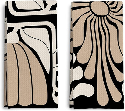 Abstract Boho Neutral Taupe and Beige Floral Kitchen Towels Set of 2, Retro 70s