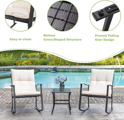 Vongrasig 3 Piece Outdoor Rocking Chair Set, PE Wicker Rattan Small Bistro Set, Front Porch Furniture Rocking Chairs Set of 2, Cushioned Patio Rocker Chair Set with Glass Table (Beige)
