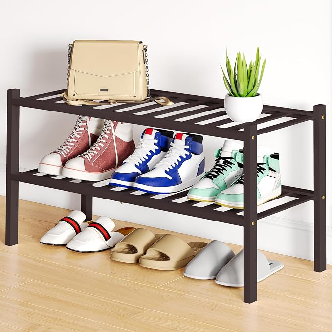 Smiry Bamboo Shoe Rack, 2 Tier Free Standing Wooden Shoe Organizer, Stackable Wood Shoe Storage Shelf for Closet, Entryway, 12 Vertical Slats, One-piece Standard Legs, 26.8"x11"x13", Brown