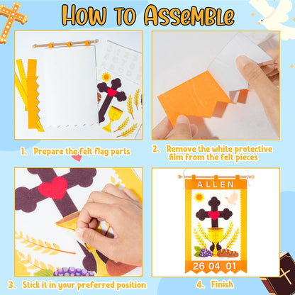 WATINC First Communion Banner Kit - 2 Pack DIY 1st Holy Communion Felt Banner Craft Decoration for Boys, Make Your Own Blue Baptism Christian Cross Hanging Decor for Sunday School (Baptism Ceremony)