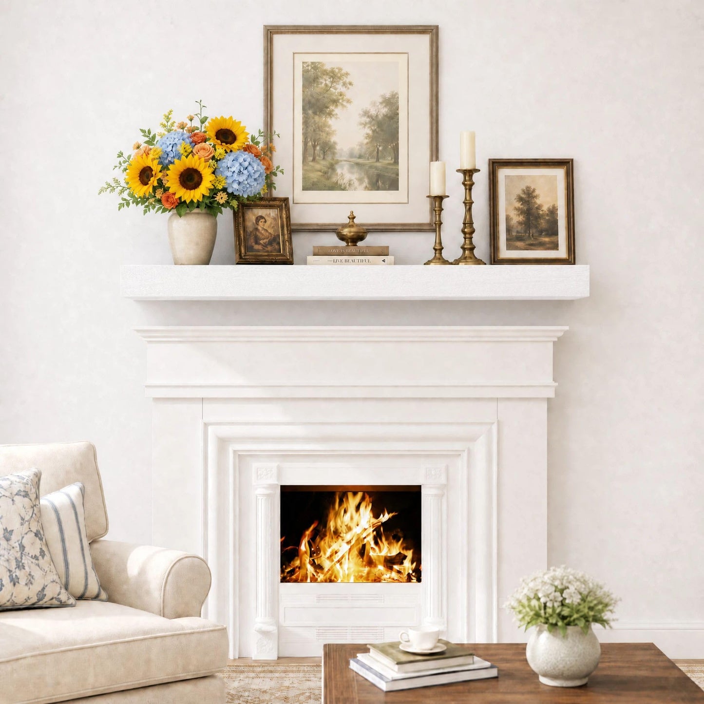 SAUMONIERES Fireplace Mantel Shelves 60 Inch Solid Wood Wall Mounted Long Floating Shelf Hollow, White
