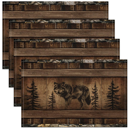 Erosebridal Black Wolf Set of 4 Place Mats 12x18 Inch,3D Wildlife Wolf Table Mats for Kids Boys Girls,Brown Vintage Wooden Placemats,Jungle Safari Animal Waterproof Placemats for Kitchen