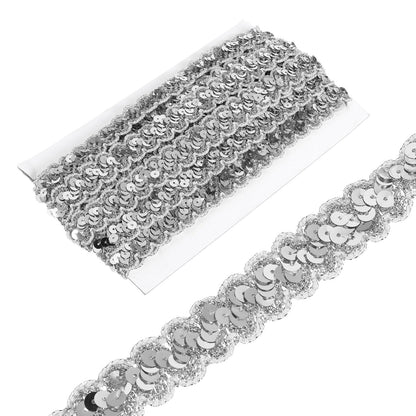 MECCANIXITY 0.9 Inch x 7 Yards Sequin Trim Silver Tone Wave Flat Sequin Braid Trim Strip Paillette Ribbon for Crafts, Embellishments, DIY Sewing Costume Decor