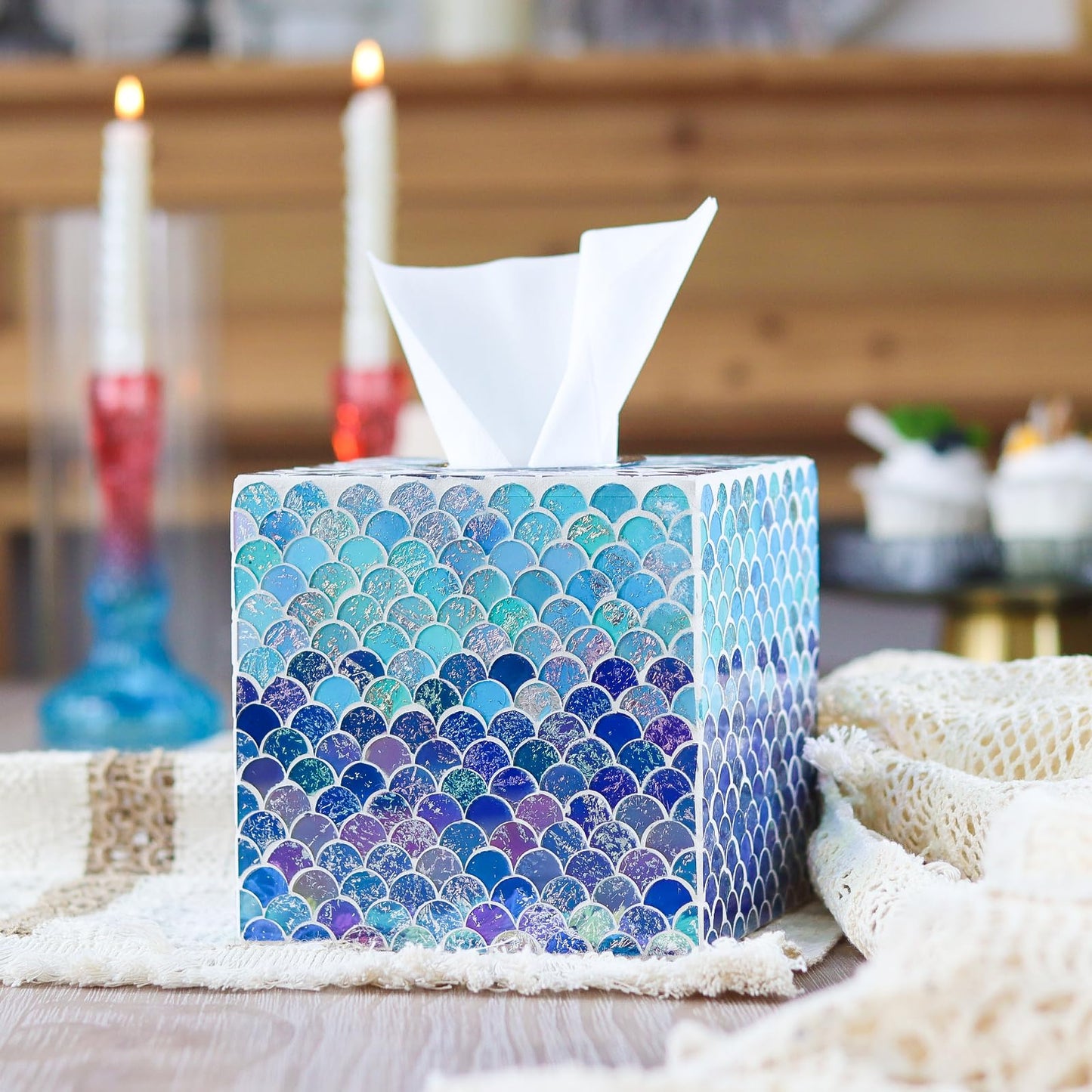 WDHODEC Mermaid Glass Tissue Box Cover Square Decorative Tissue Box Holder Handmade Wooden Tissue Box Cube for Living Room, Dining Room, Cafe, Hotel, Office