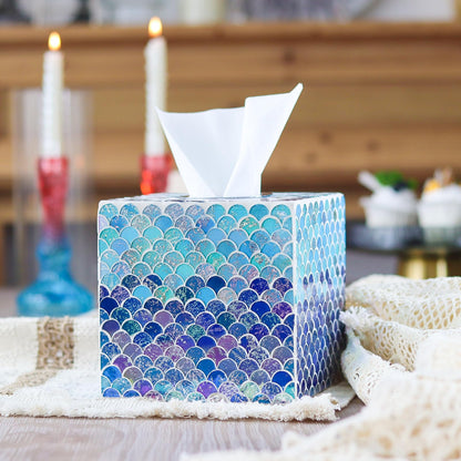 WDHODEC Mermaid Glass Tissue Box Cover Square Decorative Tissue Box Holder Handmade Wooden Tissue Box Cube for Living Room, Dining Room, Cafe, Hotel, Office