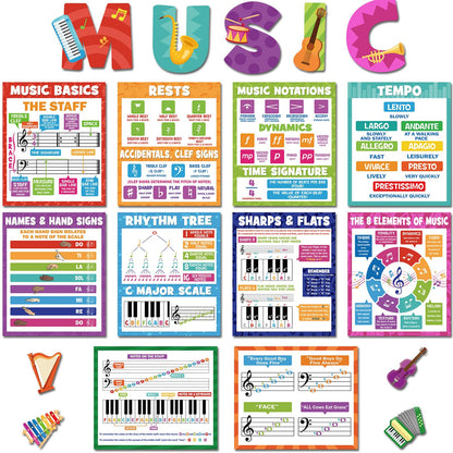 Chiisong 19 Pcs Music Classroom Decorations Music Posters Music Bulletin Board Set Musical Educational Posters Music Elements Bulletin Board Poster for Primary Middle High School Classroom Decorations