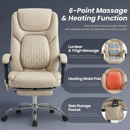 MALOL Massage Office Chair with Heat and Footrest - 3-Level 65°C Targeted Heating, 20-Min Easy Assembly Leather Desk Chair, Big and Tall Executive Computer Chair with Side Pocket, 300 lbs, Beige