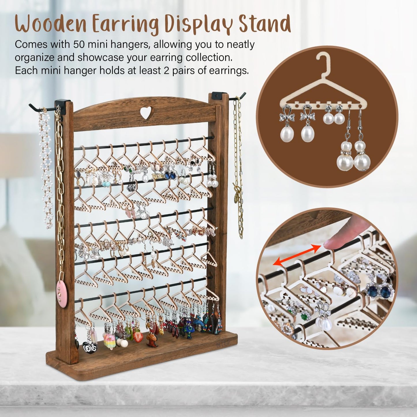 Ikee Design Wooden 120 pairs Earrings Display Stand, Jewelry Necklace Display Rack, Jewelry Organizer with 60 Mini Hangers and 2 Removable Hooks, Brown Color, 12.2W x 4.7D x 16.3H in
