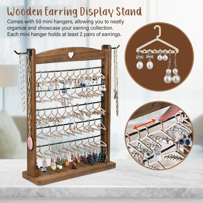 Ikee Design Wooden 120 pairs Earrings Display Stand, Jewelry Necklace Display Rack, Jewelry Organizer with 60 Mini Hangers and 2 Removable Hooks, Brown Color, 12.2W x 4.7D x 16.3H in