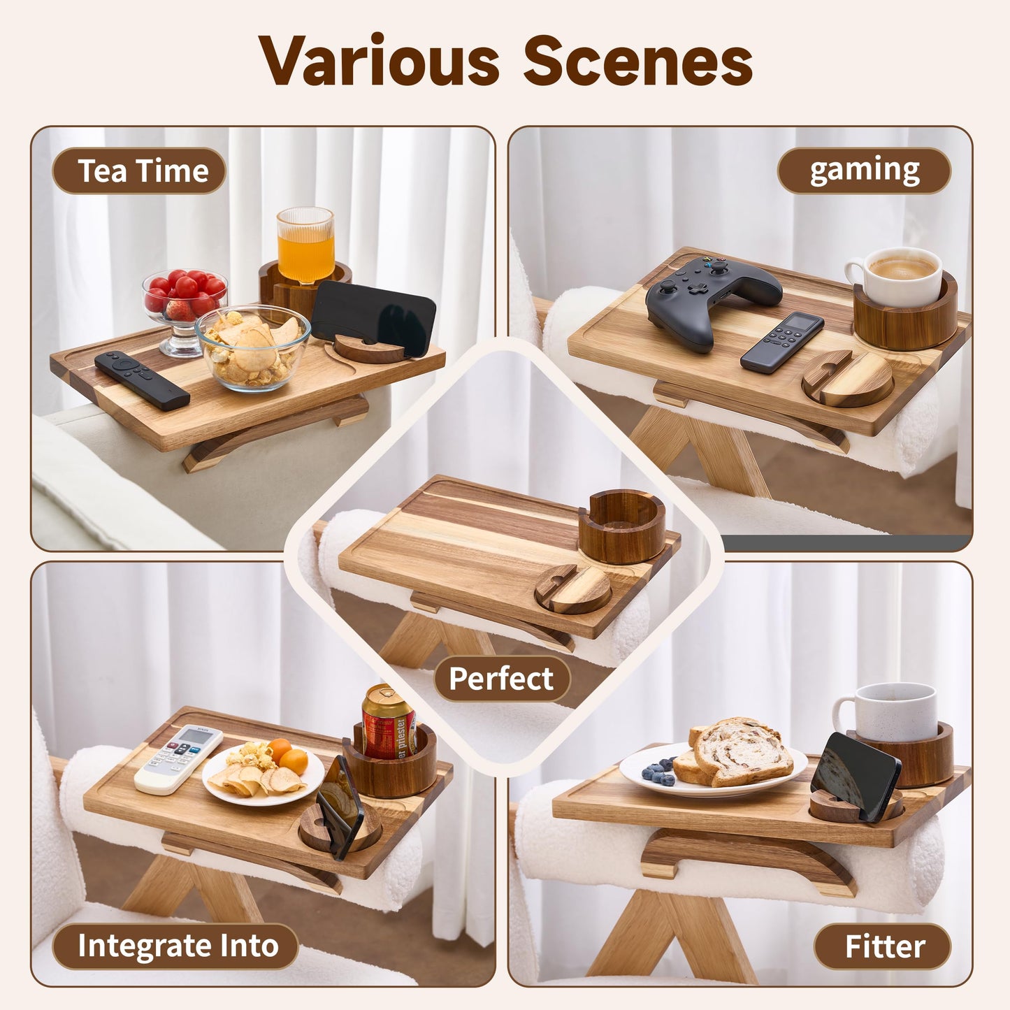 NAVORIX Acacia Wood Serving Tray with Handles - 17'' x 13'' Round, Decorative Ottoman Trays for Breakfast, Home Decor, TV Tray, Tea Party, Coffee Table, Candle Display, Kitchen Counter Board