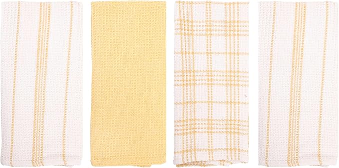 MosJos Kitchen Towels Set of 4 Dish Towels Yellow n White Waffle Weave Cotton