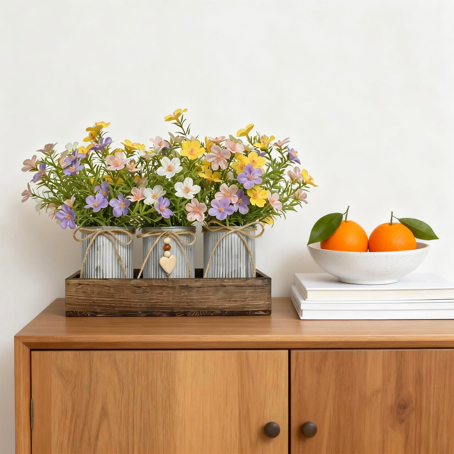 HEMYLU Artificial Gypsophila Baby's Breath, Rustic Table Centerpieces Home Decor for Dining Room, Farmhouse Wood Planter Box with 3 Galvanized Metal Pots Decorative Table Centerpiece