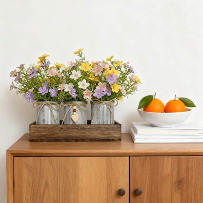 HEMYLU Artificial Gypsophila Baby's Breath, Rustic Table Centerpieces Home Decor for Dining Room, Farmhouse Wood Planter Box with 3 Galvanized Metal Pots Decorative Table Centerpiece