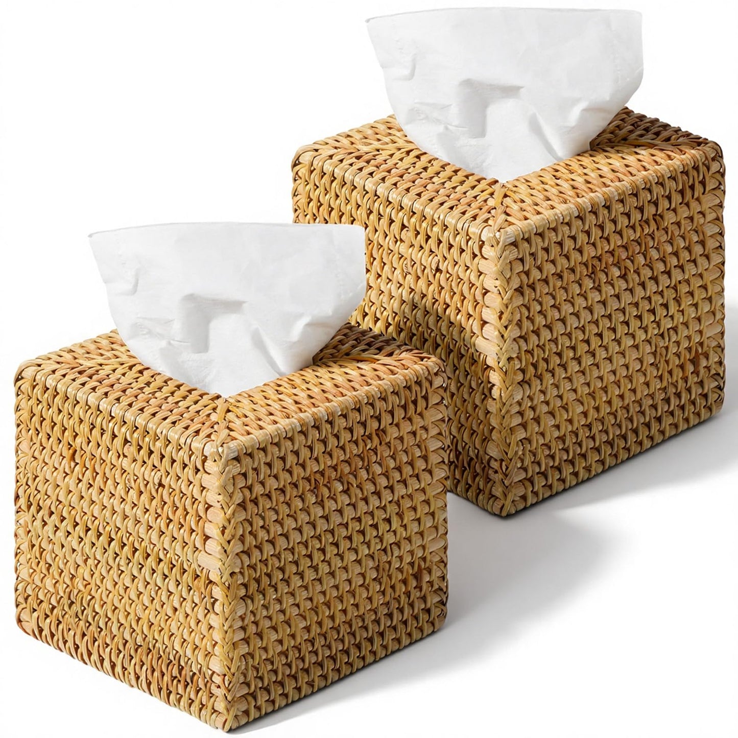 Afcabakila 2 Pack Square Rattan Tissue Box Cover, Natural Wicker Tissue Box Holder Hand Woven, Decorative Facial Tissue Holder for Bathroom, Living Room, Office, Car, 5.5 x 5.5 x 5.5 Inches