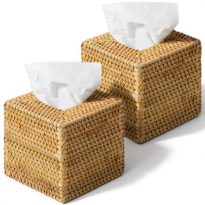 Afcabakila 2 Pack Square Rattan Tissue Box Cover, Natural Wicker Tissue Box Holder Hand Woven, Decorative Facial Tissue Holder for Bathroom, Living Room, Office, Car, 5.5 x 5.5 x 5.5 Inches