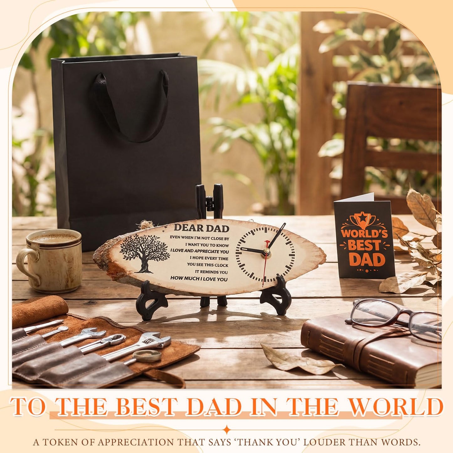 Kenning 3 Pcs Dad Gifts for Fathers Day from Daughter Son, Daddy Birthday Gifts Includes Wooden Clock, World's Best Dad Card and Black Gift Bag for Daddy Papa Fathers Day Present