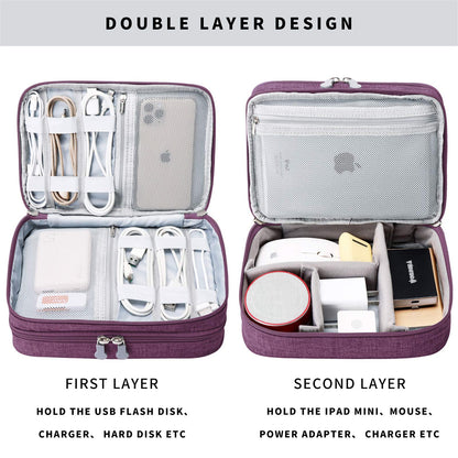 mygreen Electronics Travel Organizer Storage Bag, Double Layer Universal Traveling Gear Accessories Carrying Cover Pouch for iPad Mini Cables Phone Chargers Adapter Flash Hard Drive and More Purple