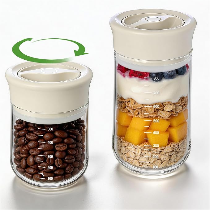 Glass Overnight Oats Containers with Lids - 2 Pack Airtight Food Storage Containers with Twist Lock, Coffee Canister, Leakproof Canning jars Wide Mouth for Chia Pudding & Yogurt, Tea