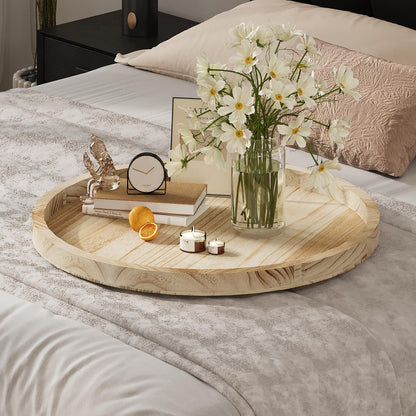 Round Ottoman Tray for Coffee Table Living Room Wood Serving Tray Large Wooden 20 Inches Rustic Torched