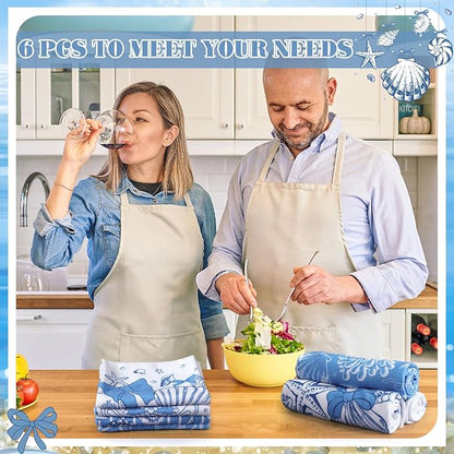 Breling Set of 6 Coastal Beach Kitchen Towels Blue Bow Dish Towel Bathroom