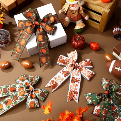 Vincreem 12 Rolls Fall Football Wired Edge Ribbon for Wreaths 2 Inch x 60 Yards Maple Leaves Pumpkin Football Print Ribbon Crafts for Thanksgiving Harvest Party Decorative Supplies, 12 Styles