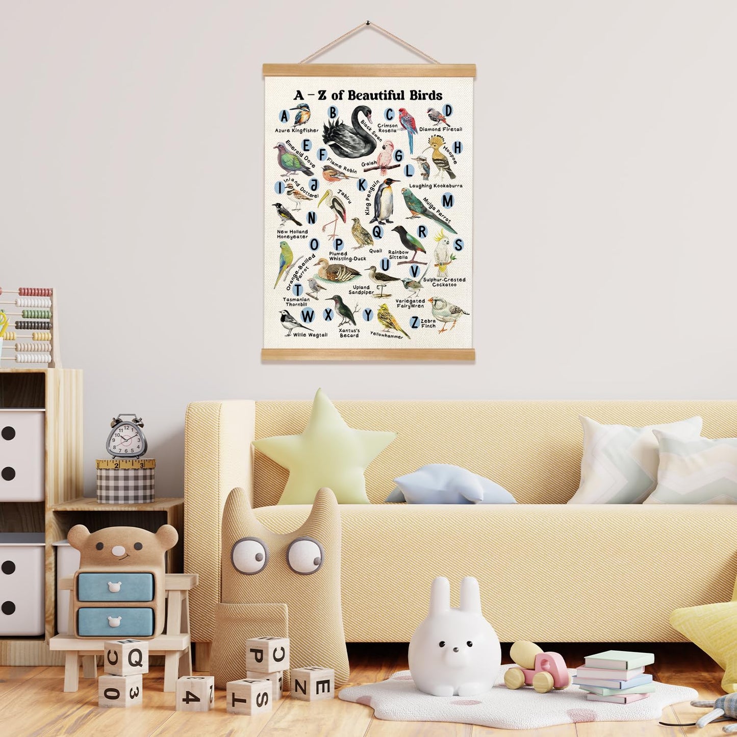 Alphabet Educational Wall Art Poster for Daycareof,A-Z Beautiful Birds Canvas Print Poster for Preschool, Toddler Learning Poster for Nursery Classroom Playroom,Kids Room Decor 14x18.5inch (1, Beige-Bird)