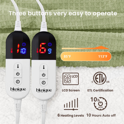 blunique Heated Blanket Electric Blanket Queen Waffle, 84x90 Inches Dual Controllers Sherpa Fleece Fast Heating Blanket 6 Heating Levels & 10 Hours Auto Off ETL Certification, Sage Queen