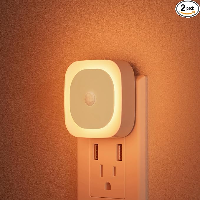 YUNLEX 2 Pack Plug in Amber Night Light with Motion Sensor & Dusk to Dawn Sensor, 3-in-1 Nightlight, Dimmable Night Lights Plug into Wall for Kids, Sleep, Bathroom, Bedroom