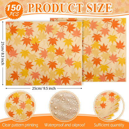 Tenare 150 Pieces Autumn Fall Wax Paper Sheets Food Wrap Grease Resistant Liners Thanksgiving Theme Waterproof Wrapping Tissue Food Picnic Paper for Kitchen(Orange Maple Leaf)