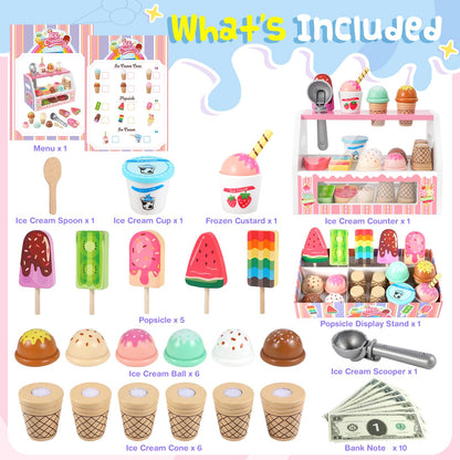 Loscola Ice Cream Toy, Wooden Ice Cream Toys for Kids Toddlers, Pretend Play Kitchen Food Toys, Wooden Play Store Counter Shop Playset for Toddlers, Toy Gift for 3 4 5 6 7 8 Year Old Girls Boys