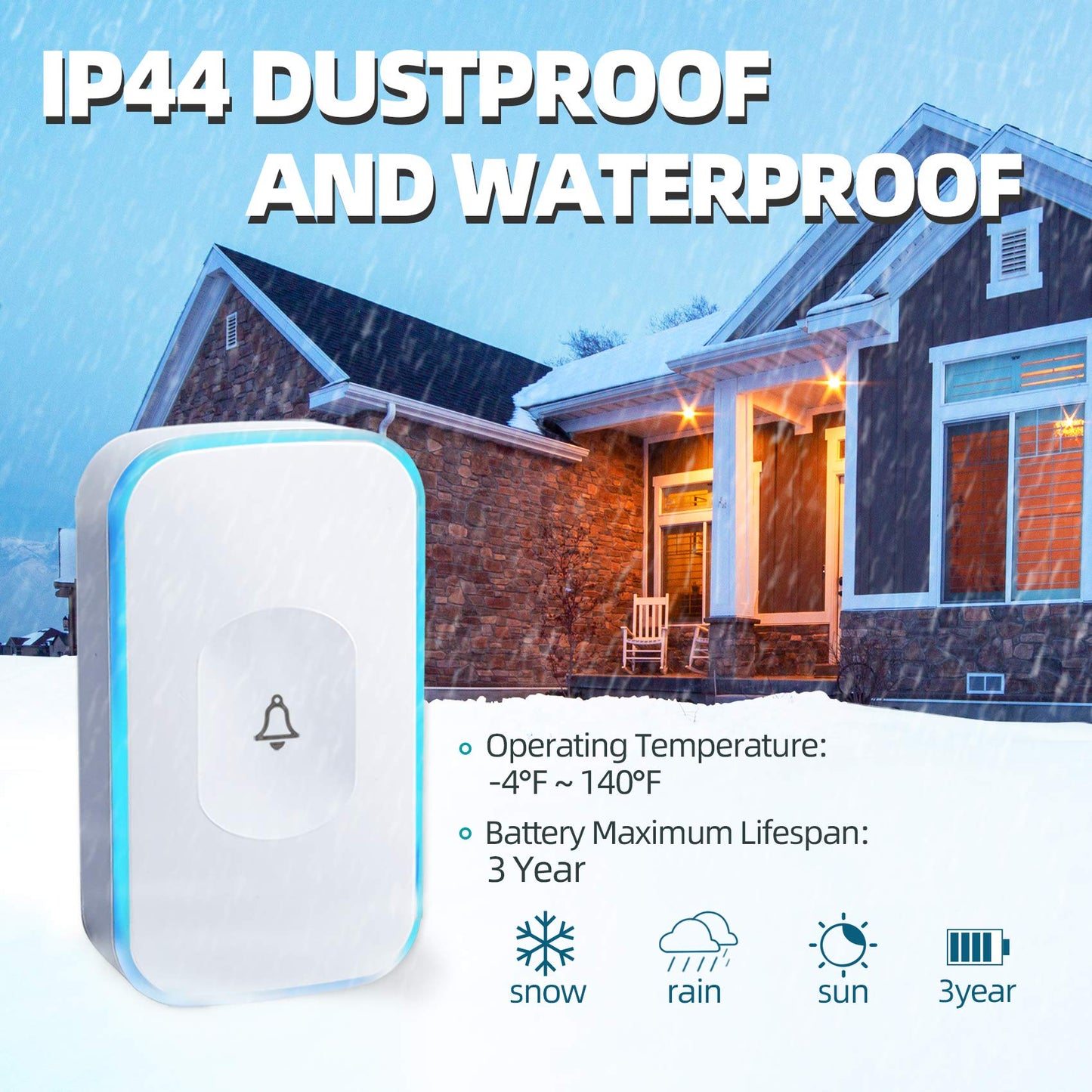 Wireless Doorbell 1200 Feet Waterproof Doorbells for Home with 36 Melodies 4 Volume levels, Flash Led Light (1 Receiver&1 Touch Button White)