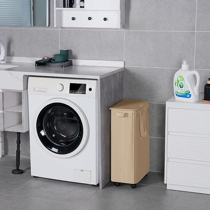 Slim Laundry Hamper with Lid and Wheels, Small Rolling Laundry Basket with