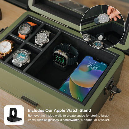 CASE ELEGANCE Military 10 Slot Watch Box Case Organizer for Men, Real Glass Top, Modular Valet Tray, Apple Watch Compatible with Apple Watch Stand, Accessory Drawer, Watch Pillow Stands