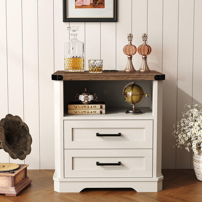 Yusong 23.62” Tall Farmhouse Nightstand, Rustic Wooden Night Stand with Charging Station, Beside Table with Drawers and Open Storage, End Tables for Bedroom, Cream White 003