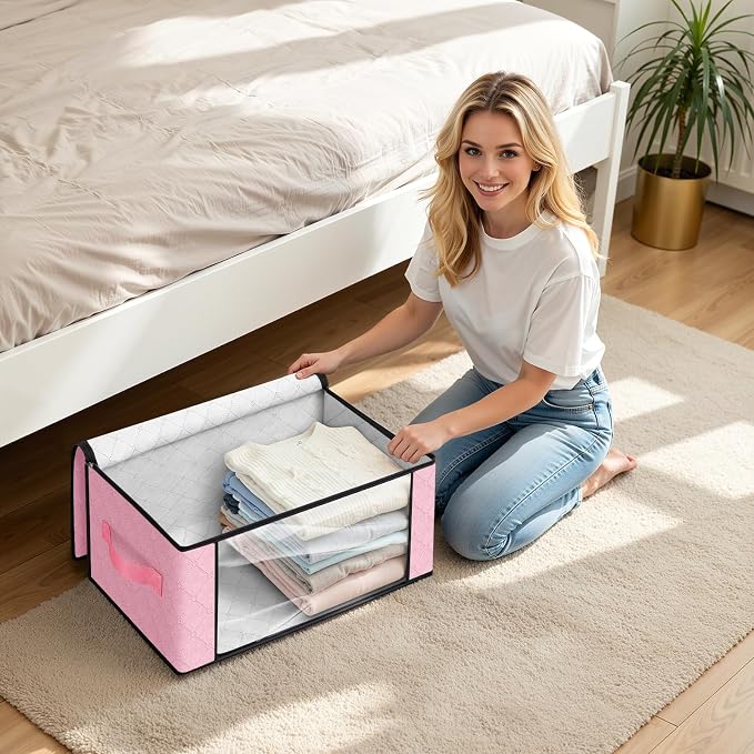 Fab totes 35L Closet Organizers and Storage, Foldable Under Bed Storage Containers, Storage bags for Organizing Bedroom, Closet, Clothing,Organization with Handle (8 Pack,Pink)