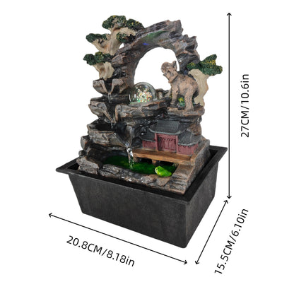 Elephant Asian Pagoda Tabletop Water Fountain, LED Crystal Ball Cascading Rock Waterfall, Indoor Outdoor Zen Decor for Home Office Patio, Soothing Relaxation Sound, Housewarming Gift