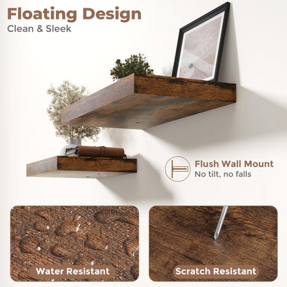 72 Inch Long Floating Shelves for Wall 2 Pack, 12"D Wood Grain Bathroom Shelves with Invisible Brackets, Easy Install Engineered Wood Storage Shelves for Kitchen, Living Room, Bedroom, Rustic Brown