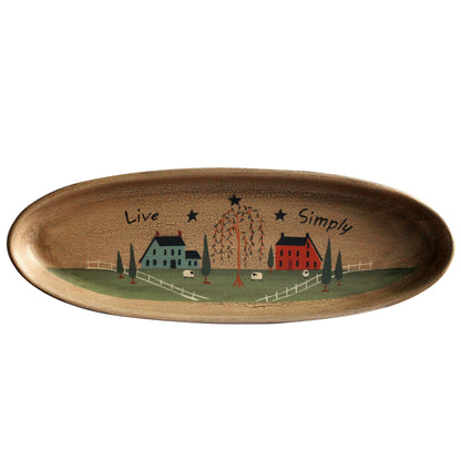 CVHOMEDECO. Primitive Rustic House Willow Tree Sheep Wood Decorative Plate Oval Crackled Display Wooden Plate Home Décor Art, 15-1/2 X 5-3/4 Inch