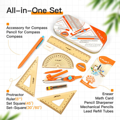 Geometry Set for Students, Compass Drawing Tool with Metal Case, Math Protractor for Kids with Protractor, Rulers, Metal Compass, Mechanical Pencil - 12 Pcs, Back to School Supplies for Students